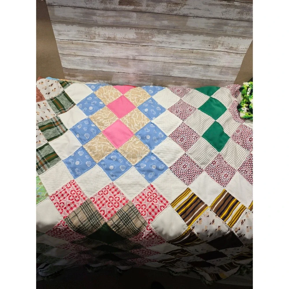 Handmade Patchwork Quilt Oversized 115x90 Multi Color Crochet Border Vintage